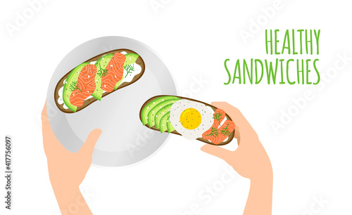 hand holding plate  healthy sandwich with fried egg smoked salmon cream cheese avocado top view vector illustration
