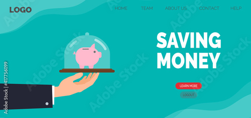 saving money web banner design businessman hand holding tray  with piggy bank under glass dome vector illustration