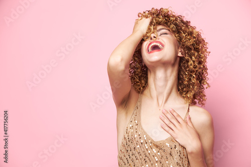 Attractive woman Delight emotions joy Copy Space sequin shirt 