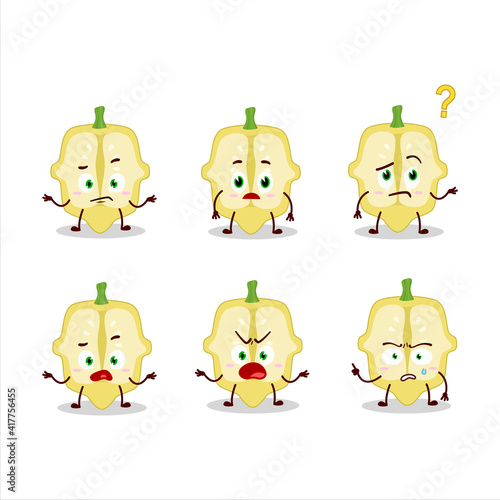 Cartoon character of slice of patisson with what expression