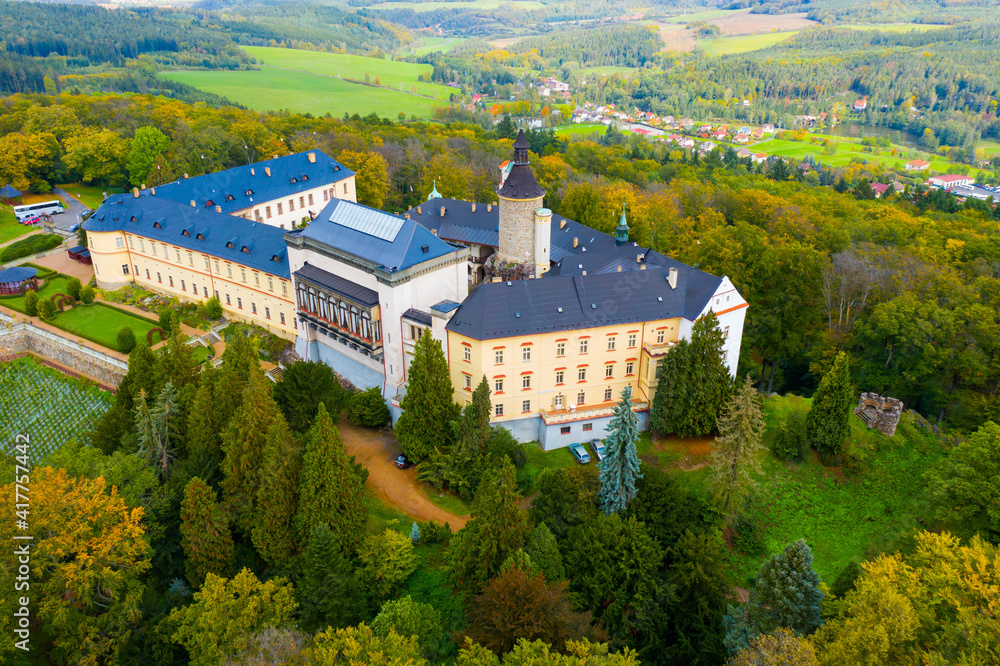 Panoramic view from drone of castle Zbiroh. Czech Republic