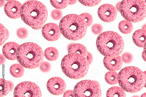 flying pink donuts. white background with donuts