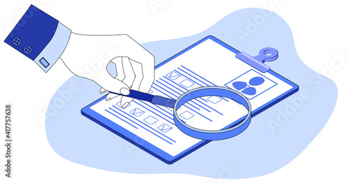 Recruitment of personnel.The concept of finding new employees.Study of questionnaires and resumes.The businessman's hand studies the questionnaire.3D image.Isometric vector illustration.