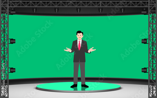 broadcaster on the white stand with green screen in lcd  background in the news studio room