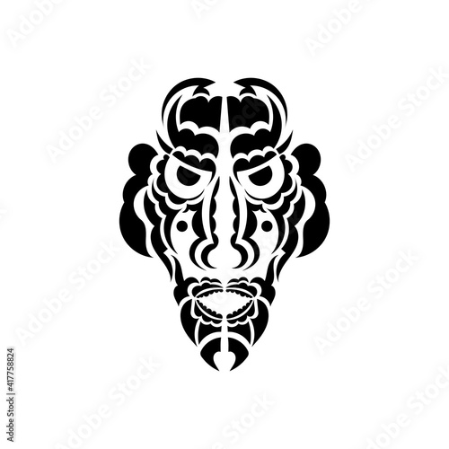 Tiki face, mask or totem. Patterns in the style of Polynesia. Good for tattoos and prints. Isolated. Vector