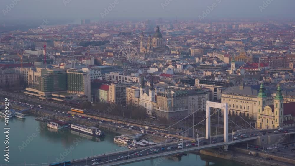 Pest side of Budapest with Elizabeth bridge and landmarks at sunset, Hungary Pest side of Budapest with Elizabeth bridge and landmarks at sunset, Hungary