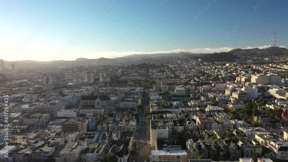 Beautiful drone shot on a sunny day in downtown San Francisco. Lovely shots down city streets, over parks, out to the bay and Golden Gate bridge during morning light. Unique and high quality. Beautiful drone shot on a sunny day in downtown San Francisco. Lovely shots down city streets, over parks, out to the bay and Golden Gate bridge during morning light. Unique and high quality.