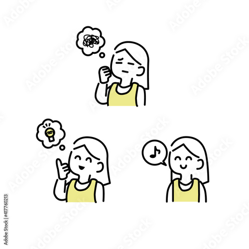 ひらめいたり悩んだりするエプロンをつけた人イラスト素材