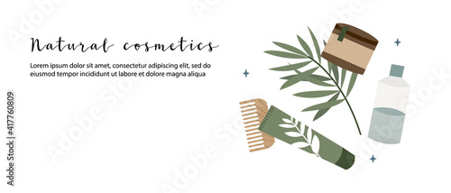 Natural skin care. Organic cruelty-free cosmetics. Vegan makeup. Herbal beauty products for face and body care. Vector flat cartoon illustration. Perfect for landing page, banner design, website