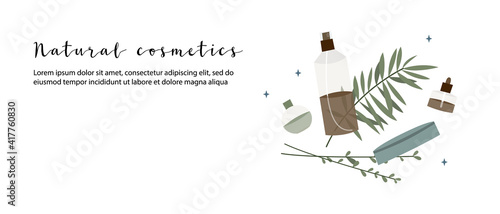 Natural skin care. Organic cruelty-free cosmetics. Vegan makeup. Herbal beauty products for face and body care. Vector flat cartoon illustration. Perfect for landing page, banner design, website
