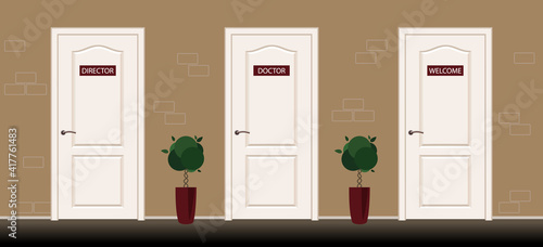 Three door with sign director, doctor, welcome. Office lobby with doors. White office door on background brown wall. Vector illustration in flat style.