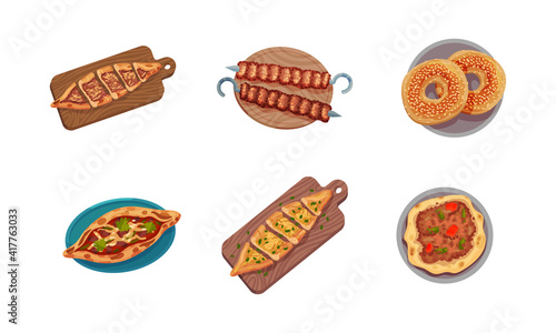Turkish National Food with Shish Kebab and Baked Ring with Sesame Above View Vector Set