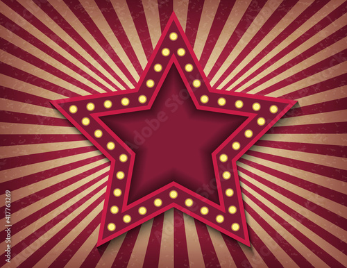 Brightly glowing star retro cinema neon sign. Victory Day. Circus style show horizontal banner template. Striped swirl textured background. Background vector poster image
