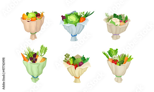 Ripe and Juicy Fruit and Vegetable Bunch or Bouquet Wrapped in Paper Vector Set