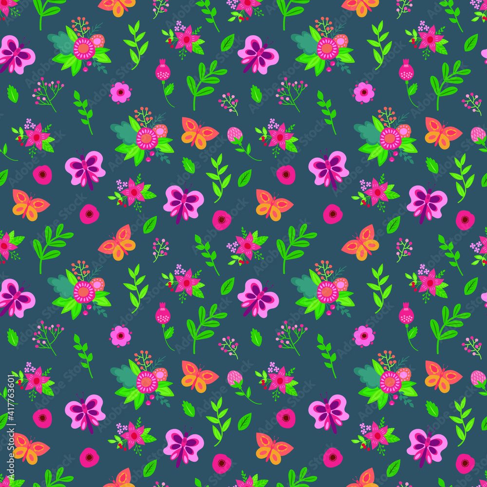 Spring Easter seamless pattern with butterflies and flowers. Hand-drawn style. Vector illustration.