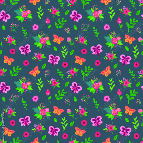 Spring Easter seamless pattern with butterflies and flowers. Hand-drawn style. Vector illustration. © Helga KOV