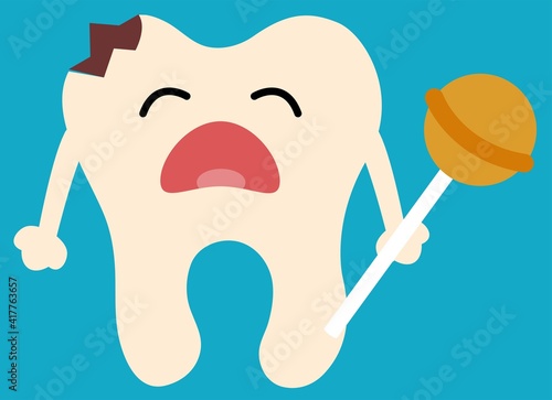 Sick yellow tooth with a hole. Medical vector illustration, flat design, cartoon style.