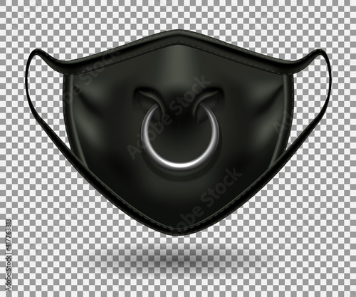 Protective comic black mask from covid 19. Party, Halloween and other fun. Bull nose print with metal ring. Realistic 3D illustration. Isolated on a transparent background. Vector.