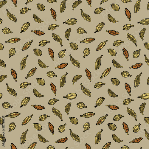 Spice cardamom. Seamless pattern with food. Design for fabric, textile, wallpaper, packaging. 
