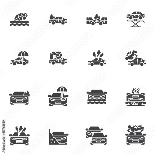Car insurance vector icons set, auto insurance modern solid symbol collection, filled style pictogram pack. Signs, logo illustration. Set includes icons as car accident, bodily injury liability
