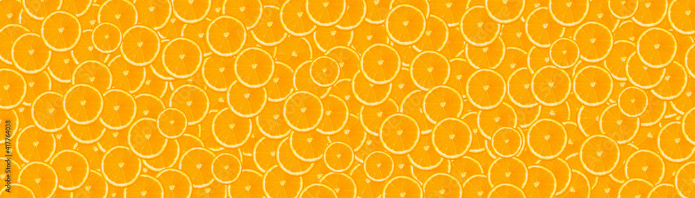 long banner with orange background. background with oranges, flat top view. - obrazy, fototapety, plakaty 