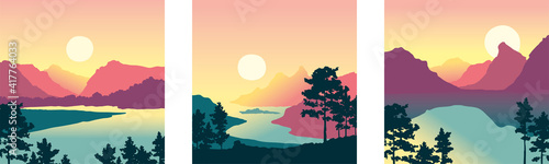 Swedish nature landscapes with mountains and pines. Three vector illustrations. Orange sunset.	