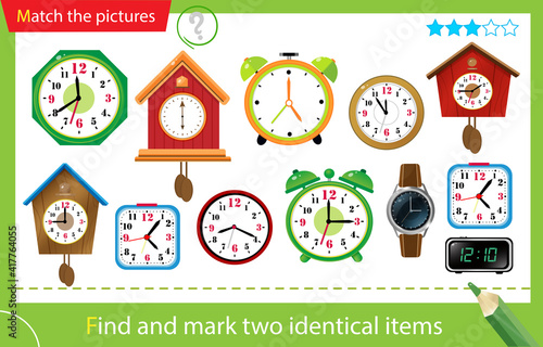 Find and mark two identical items. Puzzle for kids. Matching game, education game for children. Color images of watches. Alarm clock, wall clock with cuckoo, electronic timepiece, wristwatch