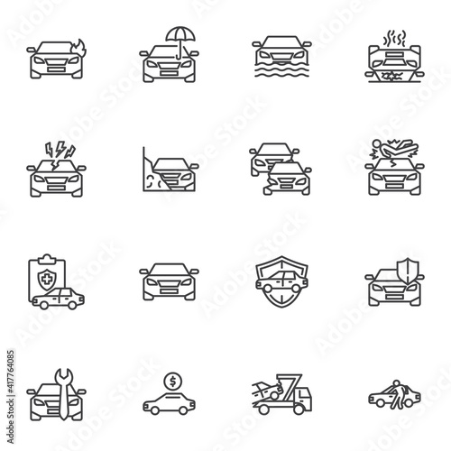 Car accident line icons set, auto insurance outline vector symbol collection, linear style pictogram pack. Signs, logo illustration. Set includes icons as car insurance, auto policy, flood coverage