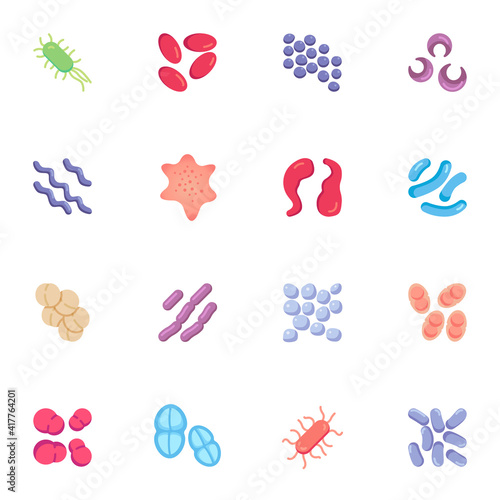 Microbes and viruses elements collection, bacteria and germs flat icons set, Colorful symbols pack contains - staphylococcus aureus infection, lactococcus. Vector illustration. Flat style design