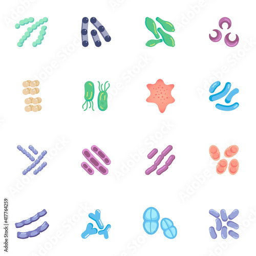 Bacteria and germs elements collection, microbes and viruses flat icons set, Colorful symbols pack contains - lactococcus, pneumococcus, staphylococcus. Vector illustration. Flat style design
