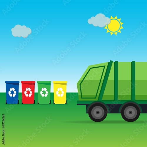 Garbage truck in a rural landscape with garbage containers