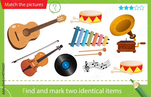 Find and mark two identical items. Puzzle for kids. Matching game, education game for children. Color images of musical instruments. Guitar, violin, drum and xylophone.