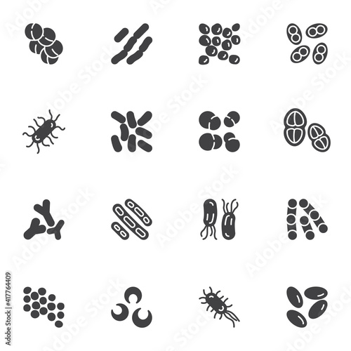 Bacteria and germs vector icons set, microbes and viruses modern solid symbol collection, filled style pictogram pack. Signs, logo illustration. Set includes icons as lactococcus cell, pneumococcus