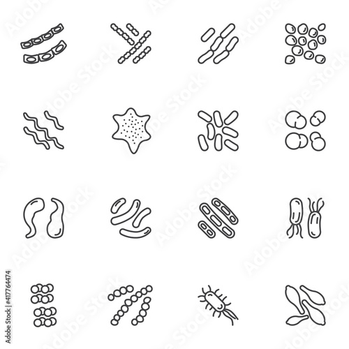 Microbes and viruses line icons set, bacteria and germs outline vector symbol collection, linear style pictogram pack. Signs, logo illustration. Set includes icons as staphylococcus aureus infection