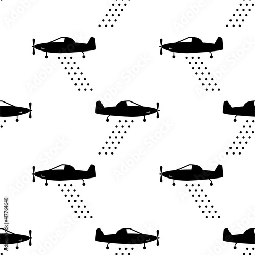 Crop Duster Icon Seamless Pattern, Aircraft Spray Pesticides Fertilizer On Crop