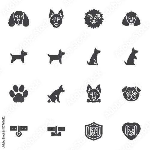 Pet dog training vector icons set, modern solid symbol collection, filled style pictogram pack. Signs, logo illustration. Set includes icons as pooping dog, spitz puppy, animal paw print, collar