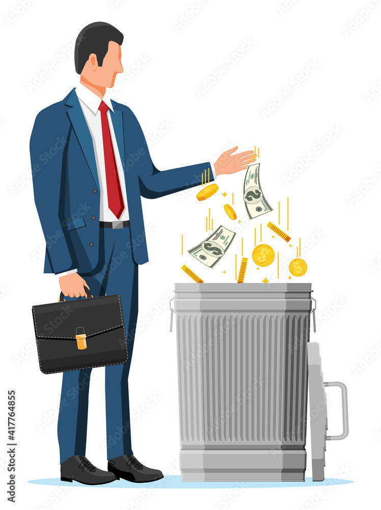Businessman putting golden coins and dollar bills in trash. Garbage waste investment. Losing or wasting money, overspending, bankruptcy or crisis. Vector illustration in flat style Businessman putting golden coins and dollar bills in trash. Garbage waste investment. Losing or wasting money, overspending, bankruptcy or crisis. Vector illustration in flat style