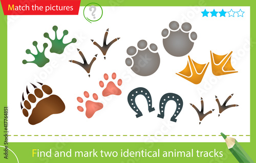Find and mark two identical items. Puzzle for kids. Matching game, education game for children. Animal tracks. Worksheet for preschoolers
