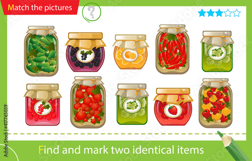 Find and mark two identical items. Puzzle for kids. Matching game, education game for children. Jars of jams and pickles. Worksheet for preschoolers