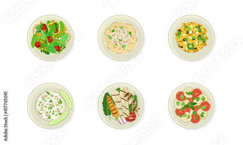Vegan Dishes and Main Courses with Grilled Vegetables, Fresh Salad and Pasta with Mushrooms Vector Set