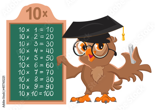 Bilde på lerret Owl teacher demonstrates multiplication table by 10 on chalkboard