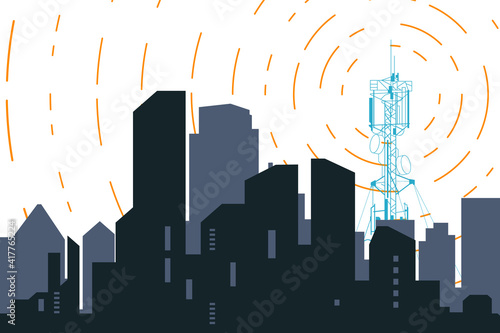 Radio transmitter. Tower with tv signal transmitter. City with buildings and skyscrapers on background. Flat style line vector illustration.