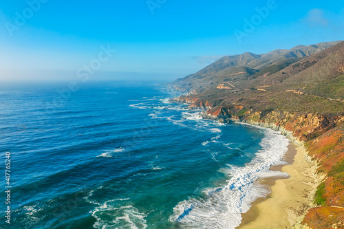 Aerial view from a drone  beautiful coastal landscape on Pacific Highway 1  traveling south to Los Angeles  Big Sur  California. Concept  vacation  tourism
