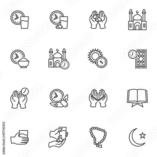 Ramadan Kareem line icons set, outline vector symbol collection, linear style pictogram pack. Signs, logo illustration. Set includes icons as Islamic holiday, iftar food, namaz praying time, mosque