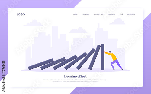 Domino effect business resilience metaphor vector illustration concept. Adult young businessman pushing falling domino line business concept of problem solving and stopping domino chain reaction.
