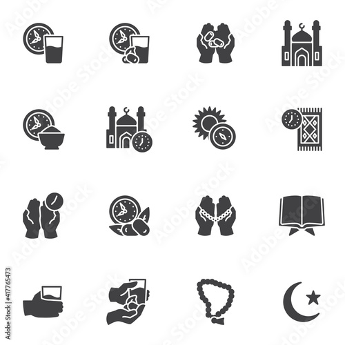 Ramadan Kareem vector icons set, modern solid symbol collection, filled style pictogram pack. Signs, logo illustration. Set includes icons as Islamic holiday, iftar food, namaz praying time, mosque