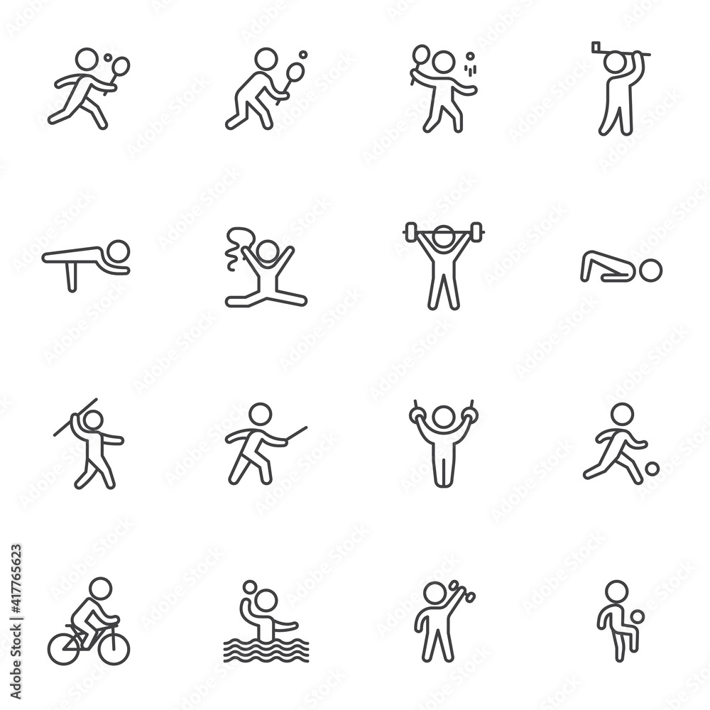 Kinds of sports line icons set, outline vector symbol collection, linear style pictogram pack. Signs, logo illustration. Set includes icons as athletics, cycling, fencing, figure, gymnastics, tennis Kinds of sports line icons set, outline vector symbol collection, linear style pictogram pack. Signs, logo illustration. Set includes icons as athletics, cycling, fencing, figure, gymnastics, tennis