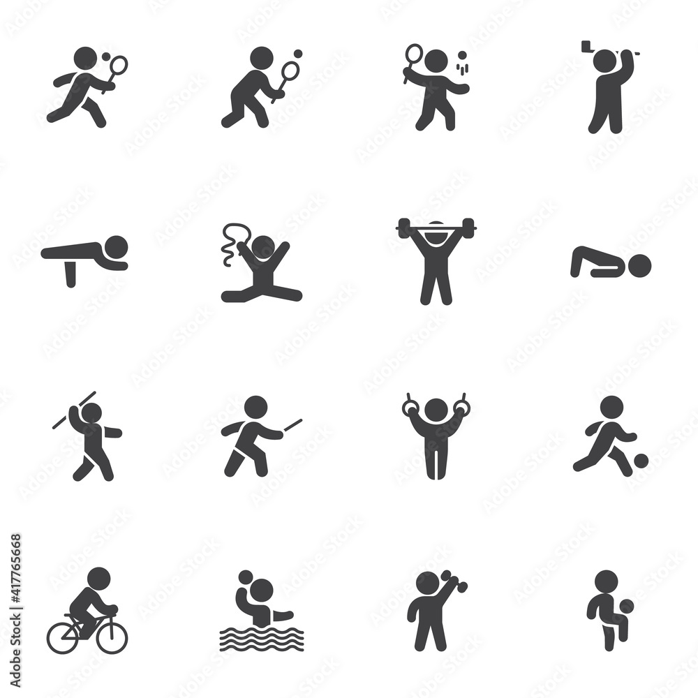 Kinds of sports vector icons set, modern solid symbol collection, filled style pictogram pack. Signs, logo illustration. Set includes icons as athletics, cycling, fencing, figure, gymnastics, tennis
