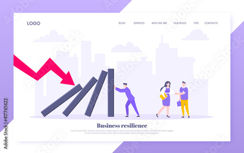 Business resilience or domino effect metaphor vector illustration website concept. Adult young businessman pushing falling domino line business concept of problem solving and stopping chain reaction