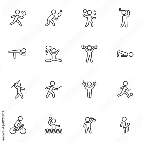 Kinds of sports line icons set, outline vector symbol collection, linear style pictogram pack. Signs, logo illustration. Set includes icons as athletics, cycling, fencing, figure, gymnastics, tennis